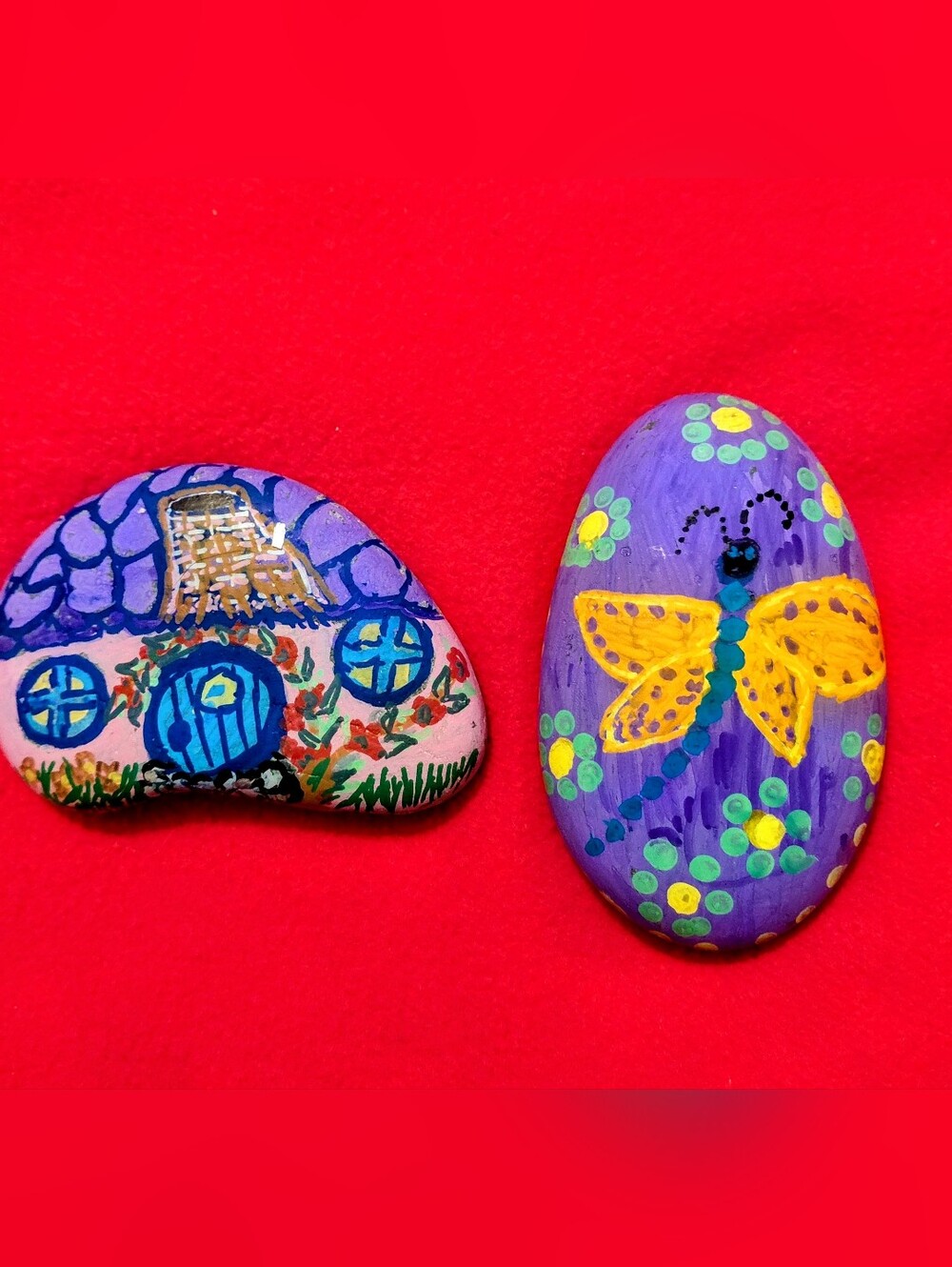 Hand painted stones 4x3" Hobbit House and Dragonfly for garden, paper weight ect